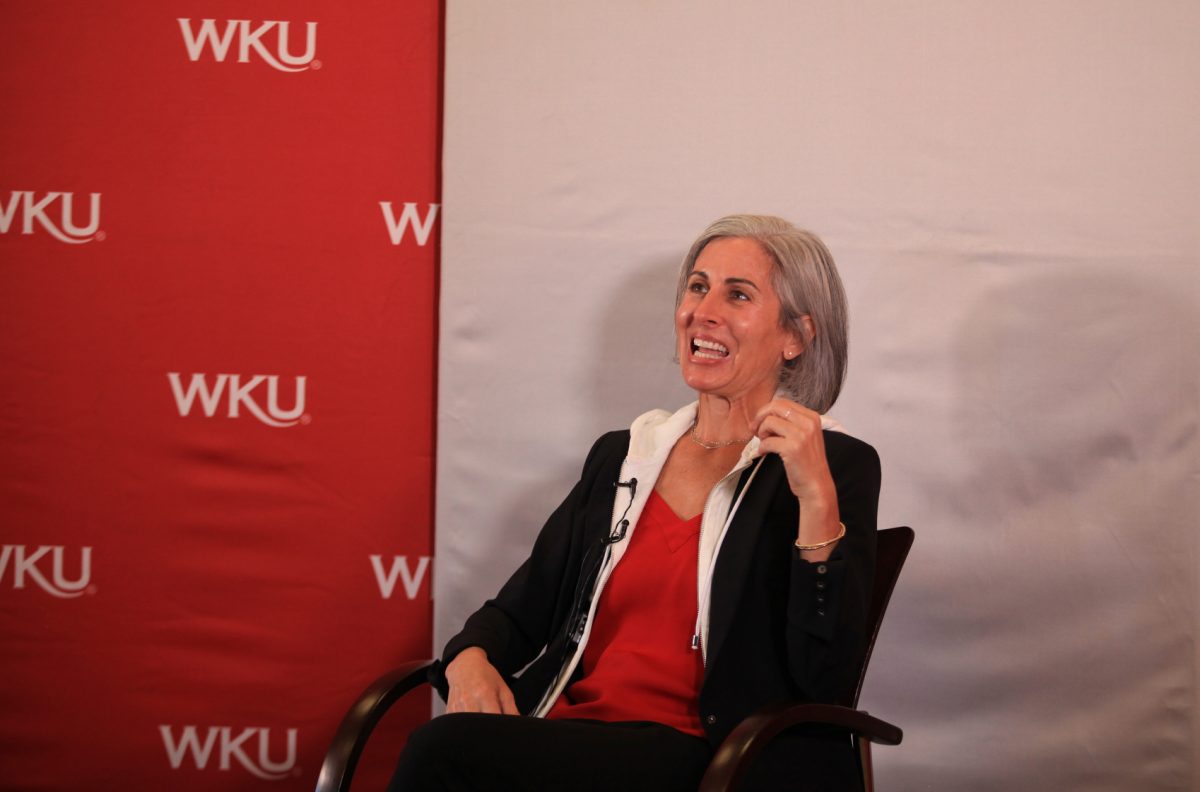 Lisa Genova, New York Times bestselling author and neuroscientist, answers questions during a press conference ahead of her lecture at the Presidential Speaker Series on Oct. 15, 2024.