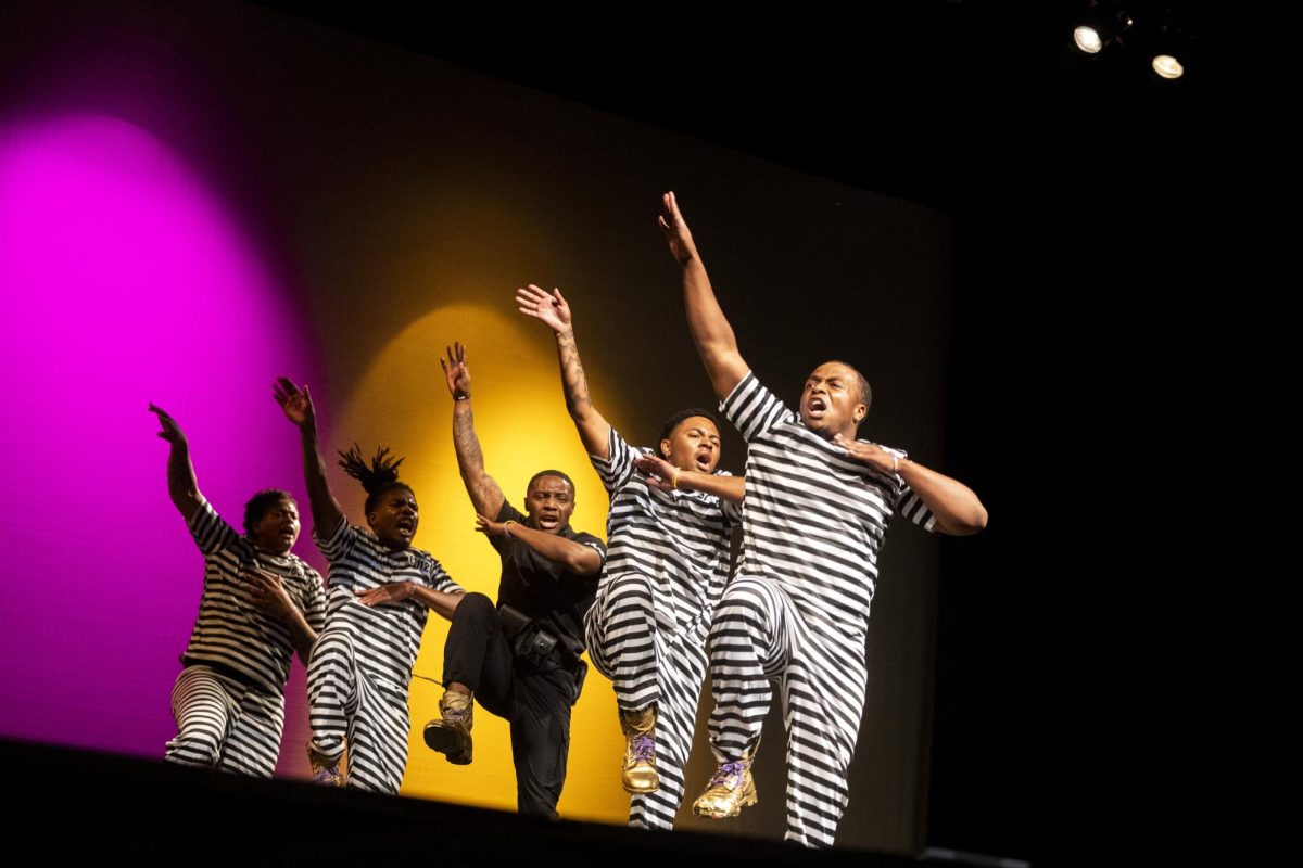 From front: Quandre Okolo, Isaiah Kindle,Thomas Wilson, Isaiah Hart II, and Corey Anthony Jr, Members of Omega Psi Phi, dances at WKU’s annual Homecoming Step Show at the Capitol Theater on Saturday, Nov. 16, 2024.