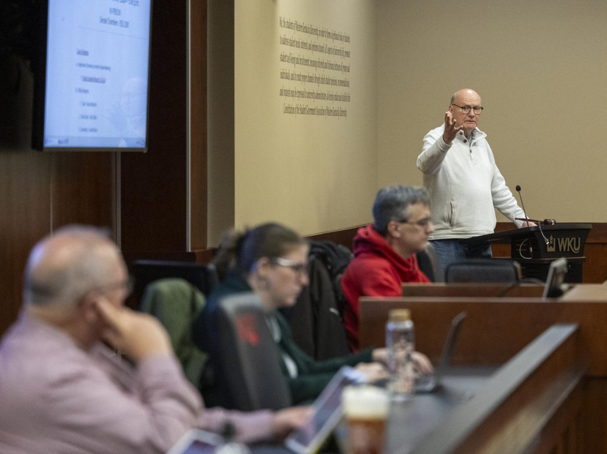 Faculty senate chair and professor Mac McKerral addresses the other chairs of the faculty senate during their meeting on Thursday, Nov. 21, 2024. 