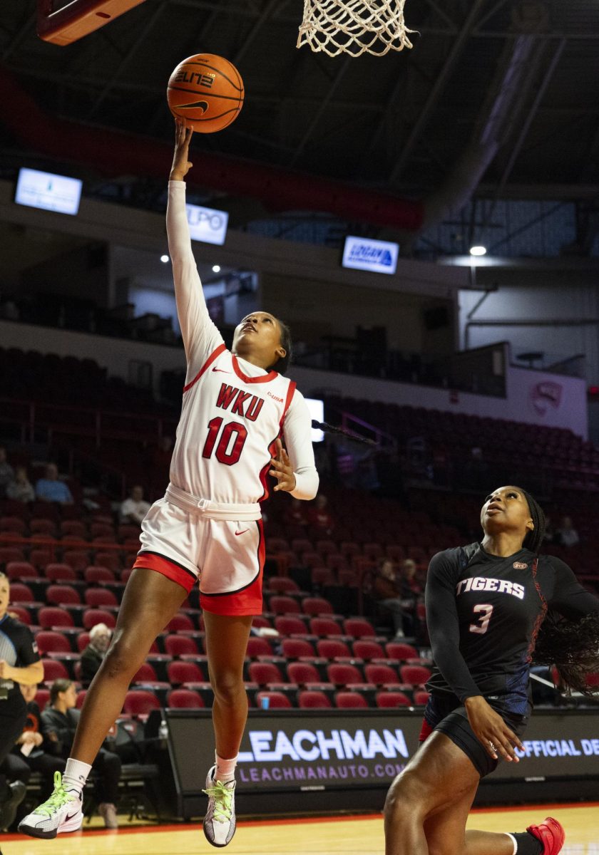 WKU guard Acacia Hayes (10) attempts a lay up during the Lady Toppers game against Tennessee State University in Bowing Green, Ky. on Wednesday, Nov. 27, 2024.