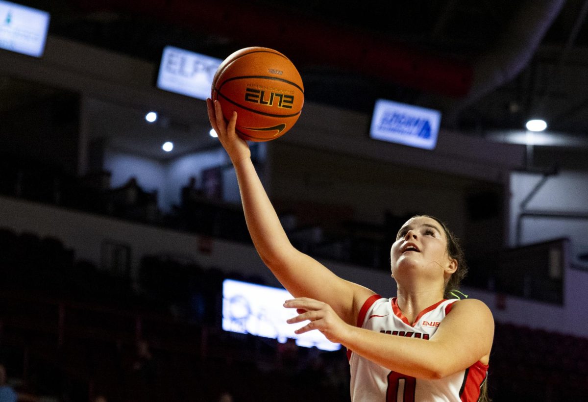 WKU guard Mackenzie Chatfield (0) attempts a lay up during the Lady Toppers game against Tennessee State University in Bowing Green, Ky. on Wednesday, Nov. 27, 2024. Chatfield had career high points count during the game.