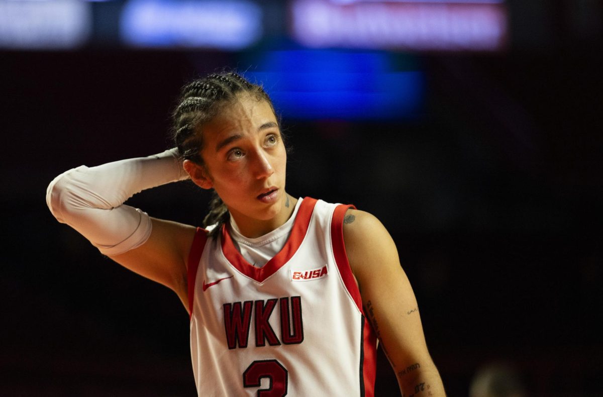 WKU guard Alexis Mead (3) paces while waiting for play to resume during the Lady Toppers game against Tennessee State University in Bowing Green, Ky. on Wednesday, Nov. 27, 2024.