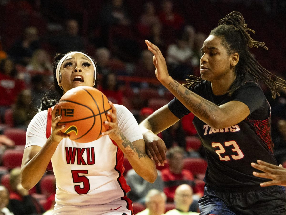 WKU forward Mya Pratcher (5) attempts a lay up during the Lady Toppers game against Tennessee State University in Bowing Green, Ky. on Wednesday, Nov. 27, 2024.