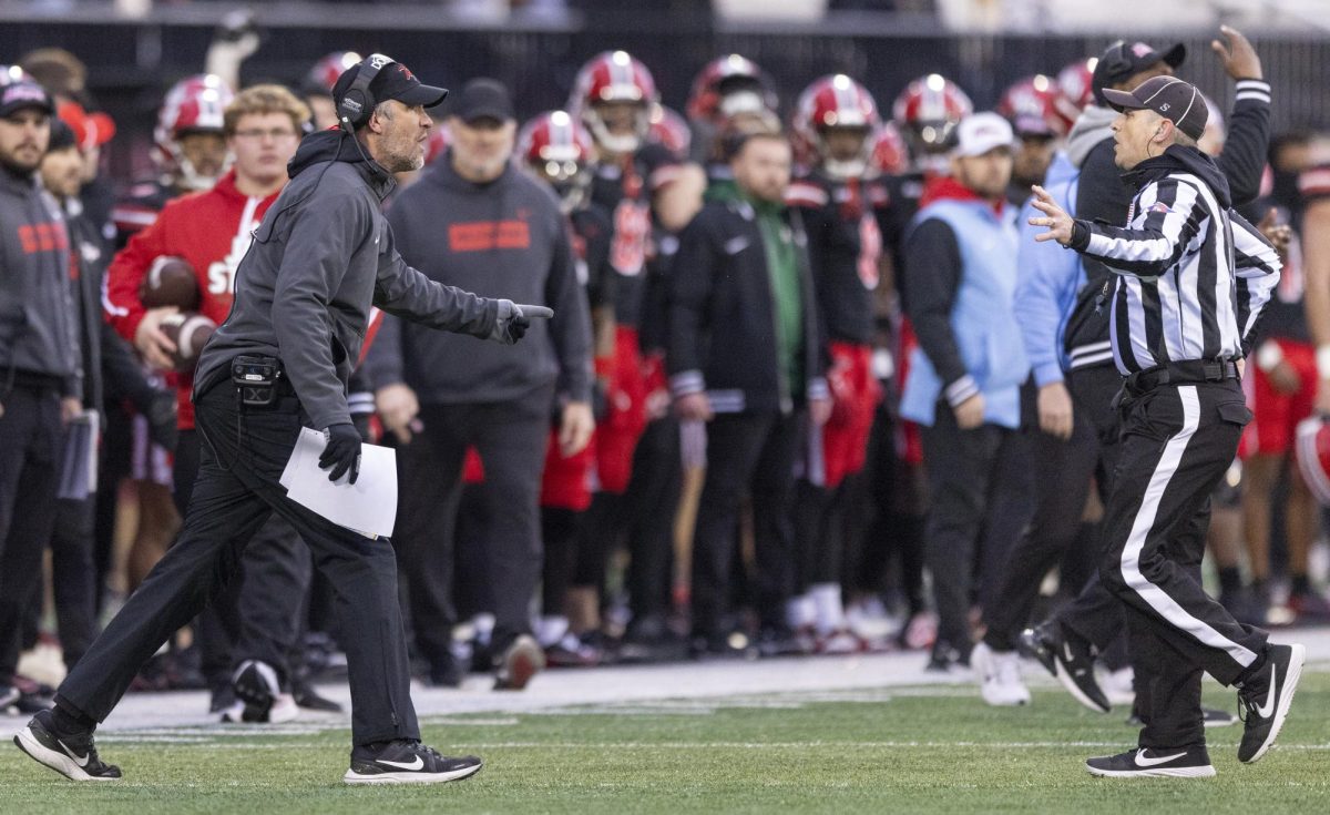 WKU head coach Tyson Helton yells with a referee during WKU's game against Jacksonville State University in Bowing Green, Ky. on Saturday, Nov. 30, 2024.