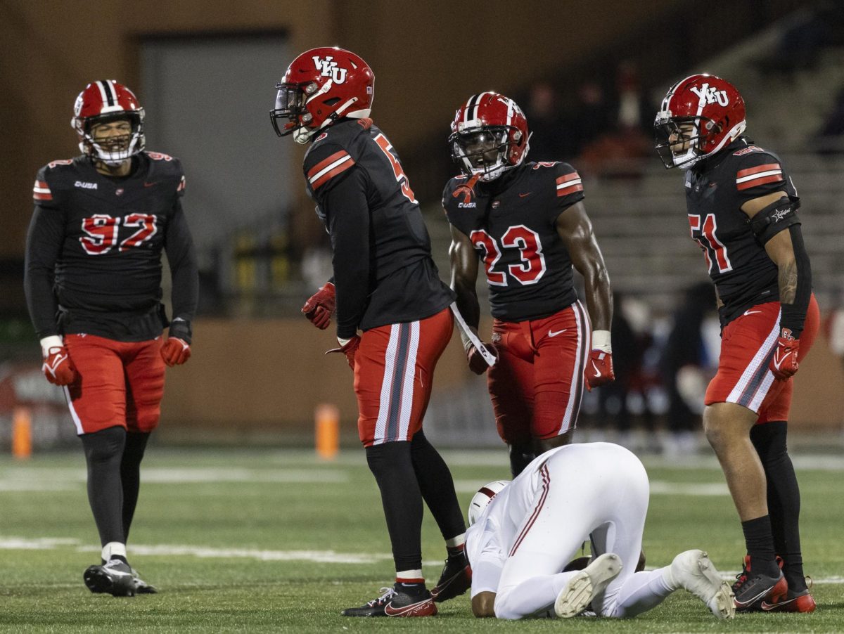 The Hilltoppers celebrate a successful defense attempt during WKU’s game against Jacksonville State University in Bowing Green, Ky. on Friday, Nov. 29, 2024. 