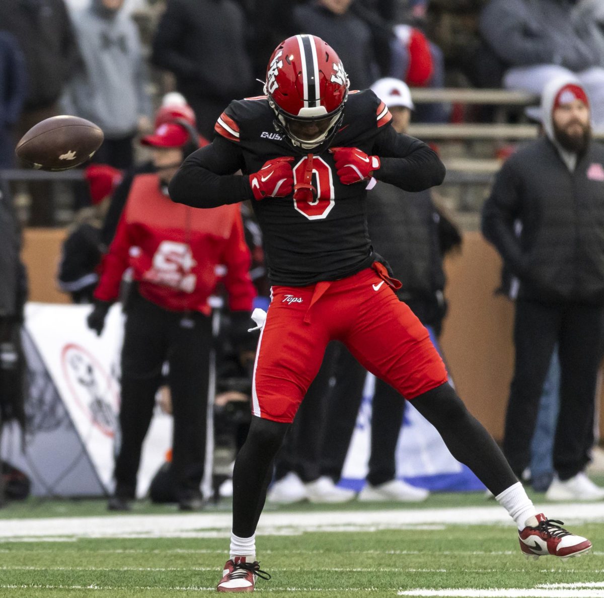 Western Kentucky Hilltoppers running back Elijah Young (3) celebrates after a successful rush attempt during WKU’s game against Jacksonville State University in Bowing Green, Ky. on Friday, Nov. 29, 2024. 