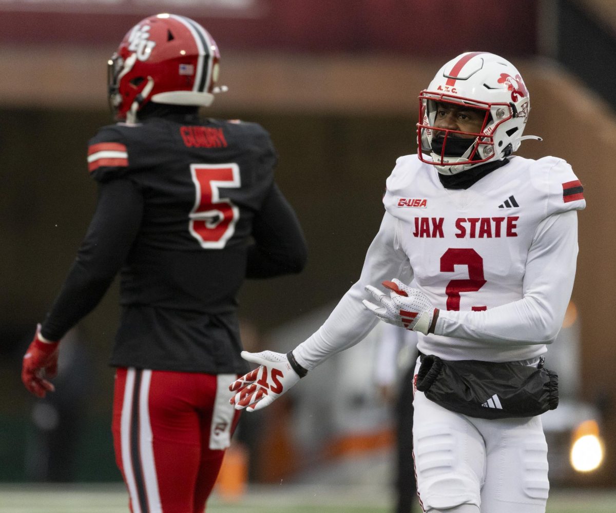 Jax State wide receiver Michael Pettway (2) contests a referee’s decision during WKU’s game against Jacksonville State University in Bowing Green, Ky. on Friday, Nov. 29, 2024. 