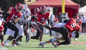 WKU linebacker Sebastian Benjamin (9) sacks LA Tech quarterback Evan Bullock (7) during the WKU Homecoming football game in the L.T. Smith Stadium on Saturday, Nov. 16, 2024. 