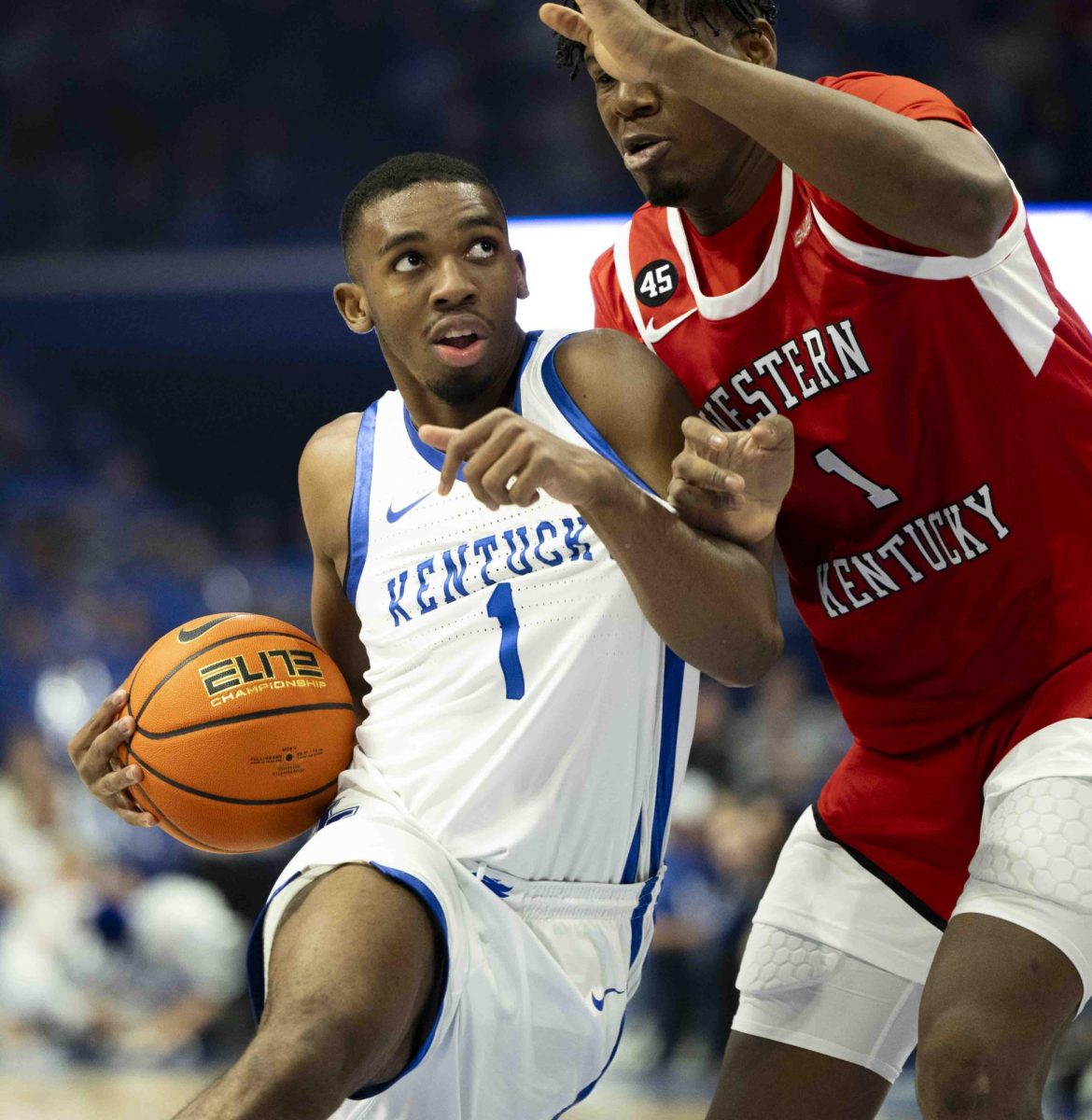 UK guard Lamont Butler (1) drives the lane during the basketball game against Western Kentucky University in Rupp Arena In Lexington, Ky., on Tuesday, Nov. 26, 2024. 