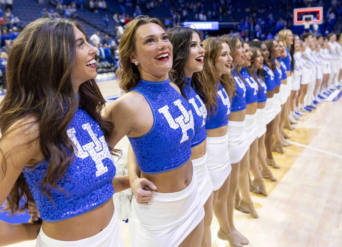 UK cheerleaders line up for a song in celebration after the University of Kentucky basketball team won against WKU in Rupp Arena in Lexington, Ky., on Tuesday, Nov. 26, 2024. 