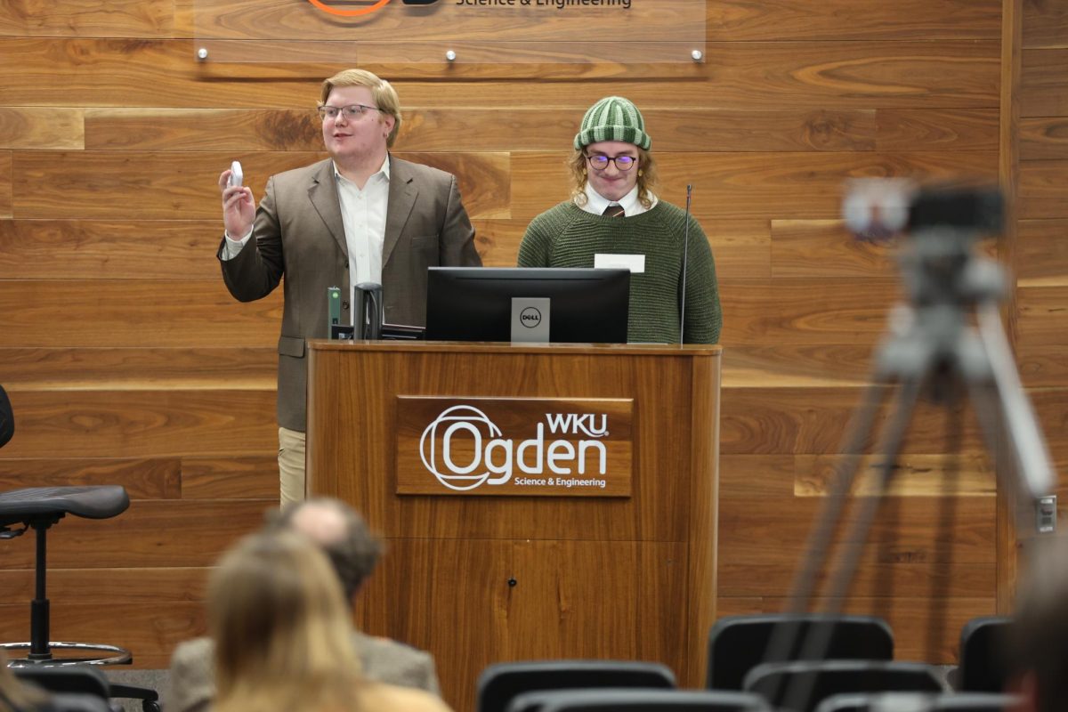 Nik Shintgen and opposition Joshua St Peter perform their debate during the WKU Forensics Speech and Debate Showcase hosted on Thursday, Nov. 21, 2024.