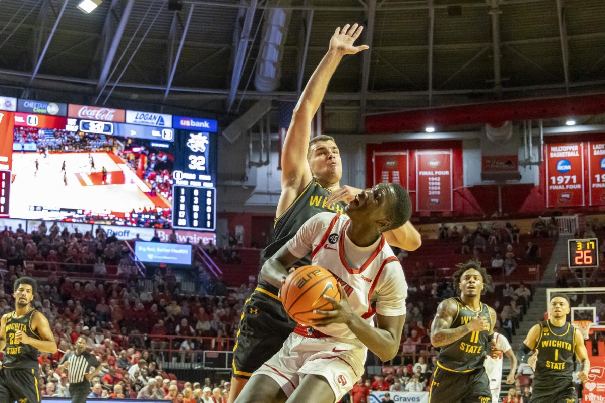 Western Kentucky University forward Babacar Faye (5) goes up for a layup during a game against Wichita State University on Monday, Nov. 4, 2024. 