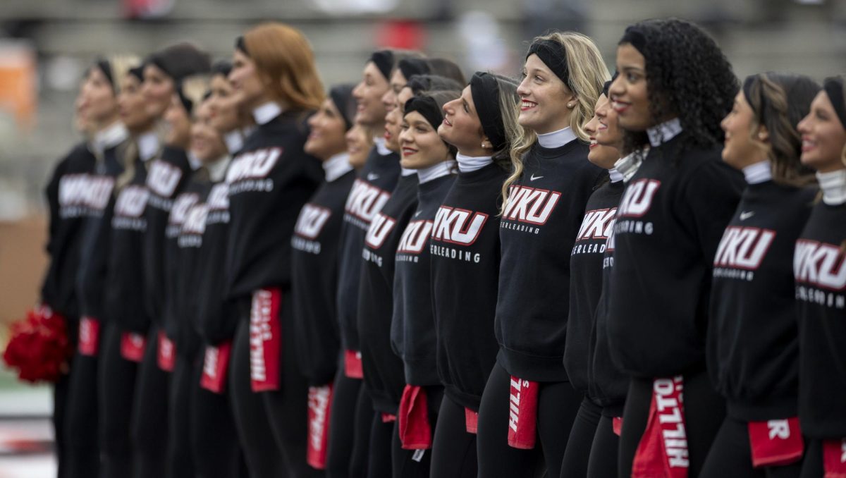 The Western Kentucky cheerleaders face the crowd during the senior night recognition before WKU’s game against Jacksonville State in L.T. Smith Stadium in on Saturday Nov. 30, 2024. WKU won 19-17.