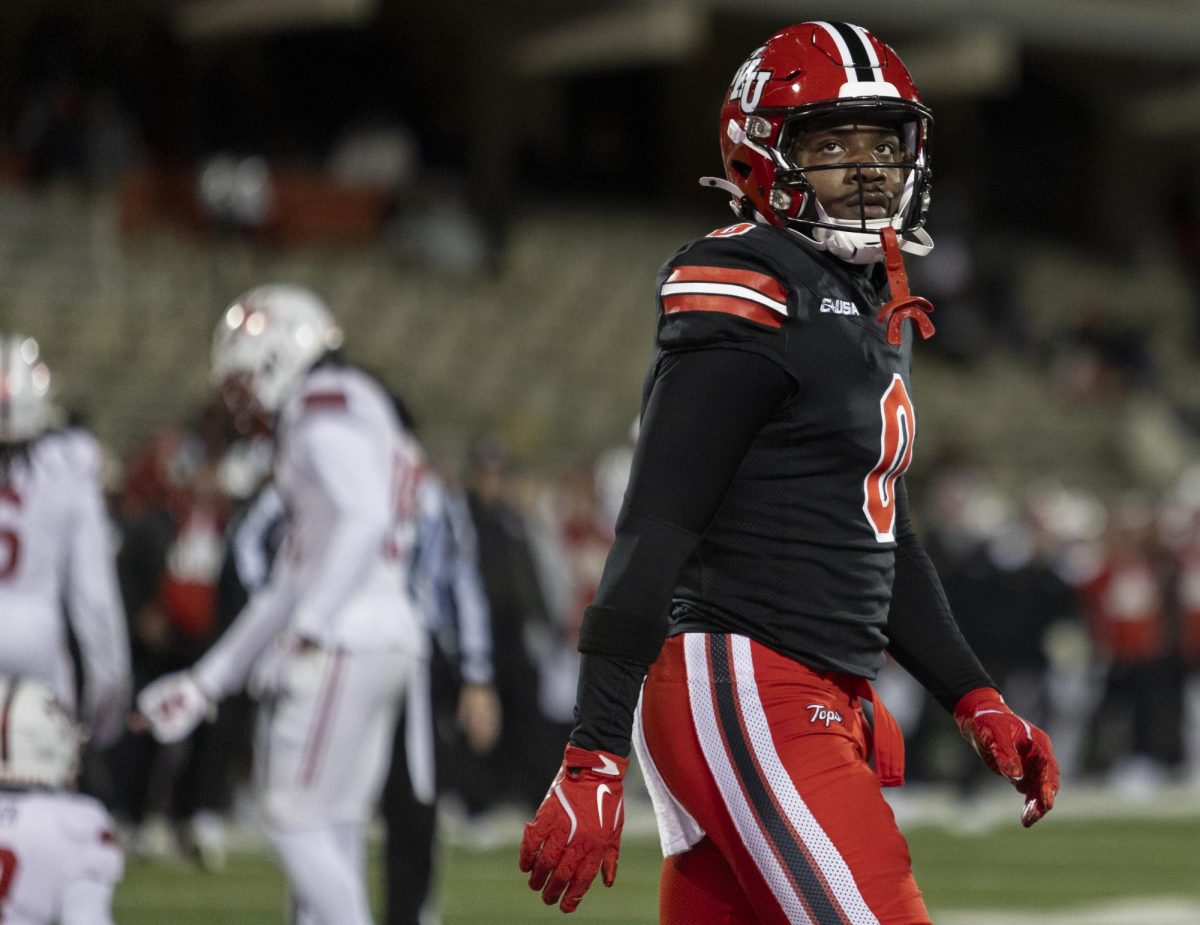 Western Kentucky wide receiver Kisean Johnson (0) looks into the stands after an incomplete touchdown pass during WKU’s game against Jacksonville State in L.T. Smith Stadium in on Saturday Nov. 30, 2024. 