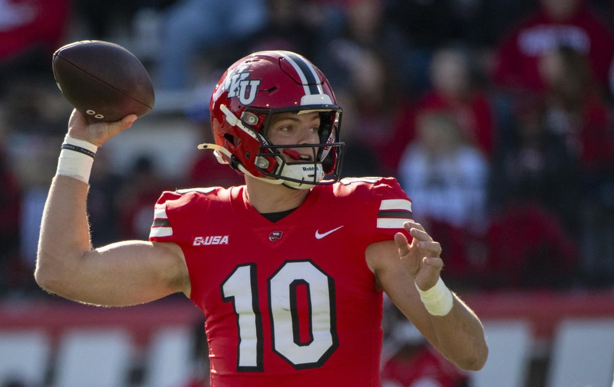 Western Kentucky Hilltoppers quarterback Caden Veltkamp (10) throws a pass during WKU’s game against Louisiana Tech in Bowing Green, Ky. on Saturday, Nov. 16, 2024. 