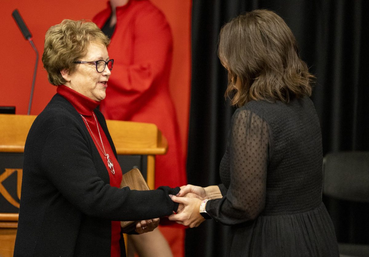 Linda Kingsley (left), member of the 16th class of inductees, shakes hands with Lt. Governor Jaqueline Coleman at the 2024 Kentucky Teacher Hall of Fame induction ceremony on Friday, Nov. 22, 2024. 