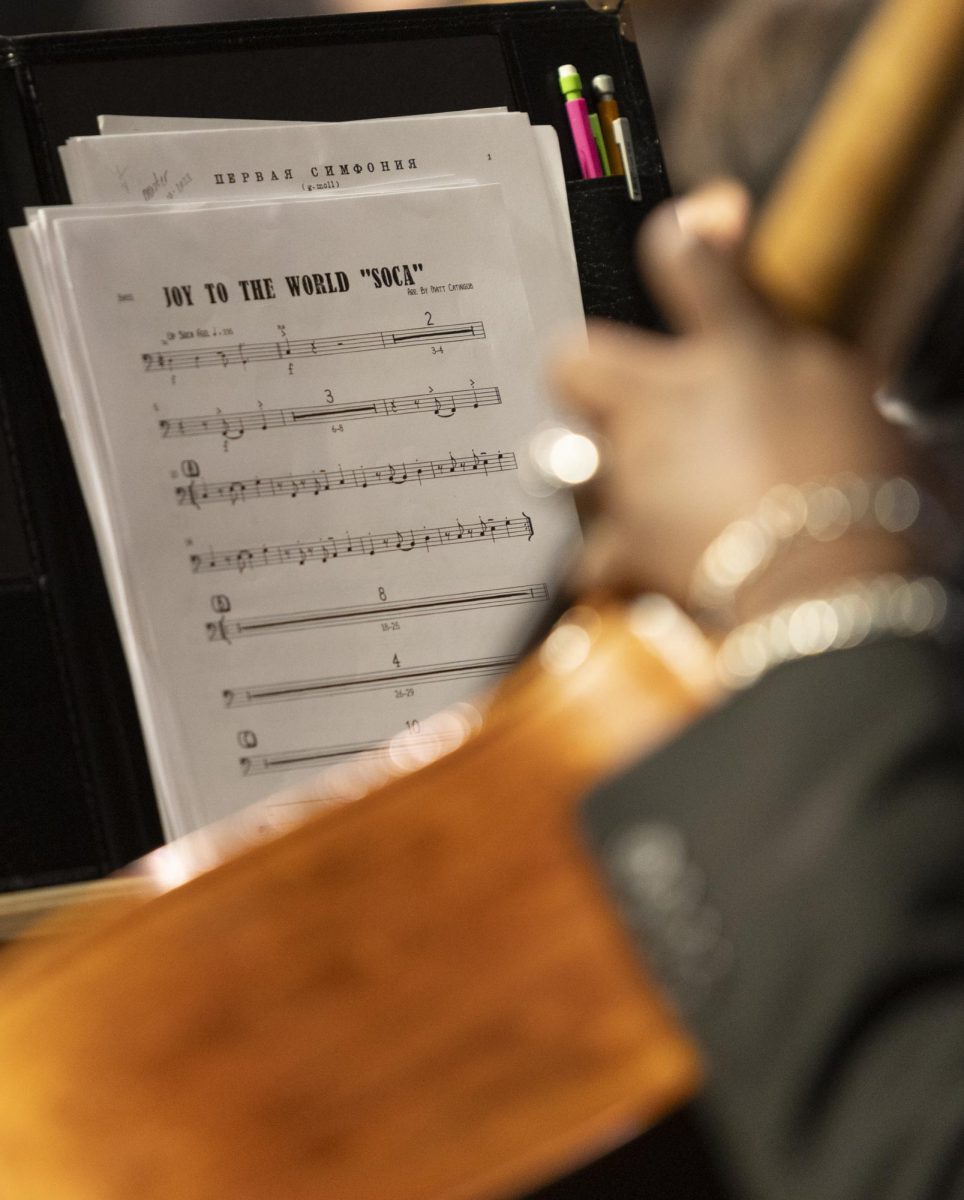 Festive sheet music rests on a performers stand during the Holidays On The Hill concert  in Van Meter Hall on Friday, Nov. 22, 2024.