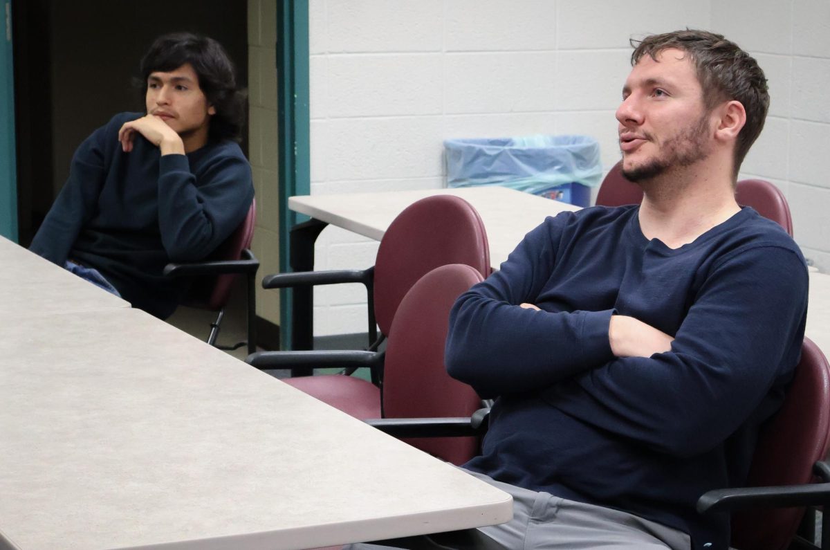 Gabriel Chambers, junior, and Jacob Kilburn, senior, take part in a discussion about the results of the 2024 Presidential Election during a WKU Libertarians meeting on Nov. 12, 2024.