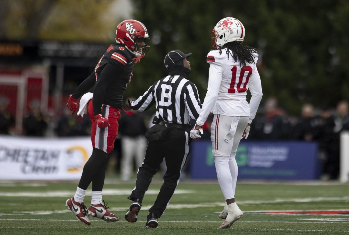 Western Kentucky wide receiver Kisean Johnson (0) and Jacksonville State cornerback Fred Davis II (10) go head to head after a play during WKU’s game against Jacksonville State in L.T. Smith Stadium in on Saturday Nov. 30, 2024. WKU won 19-17.