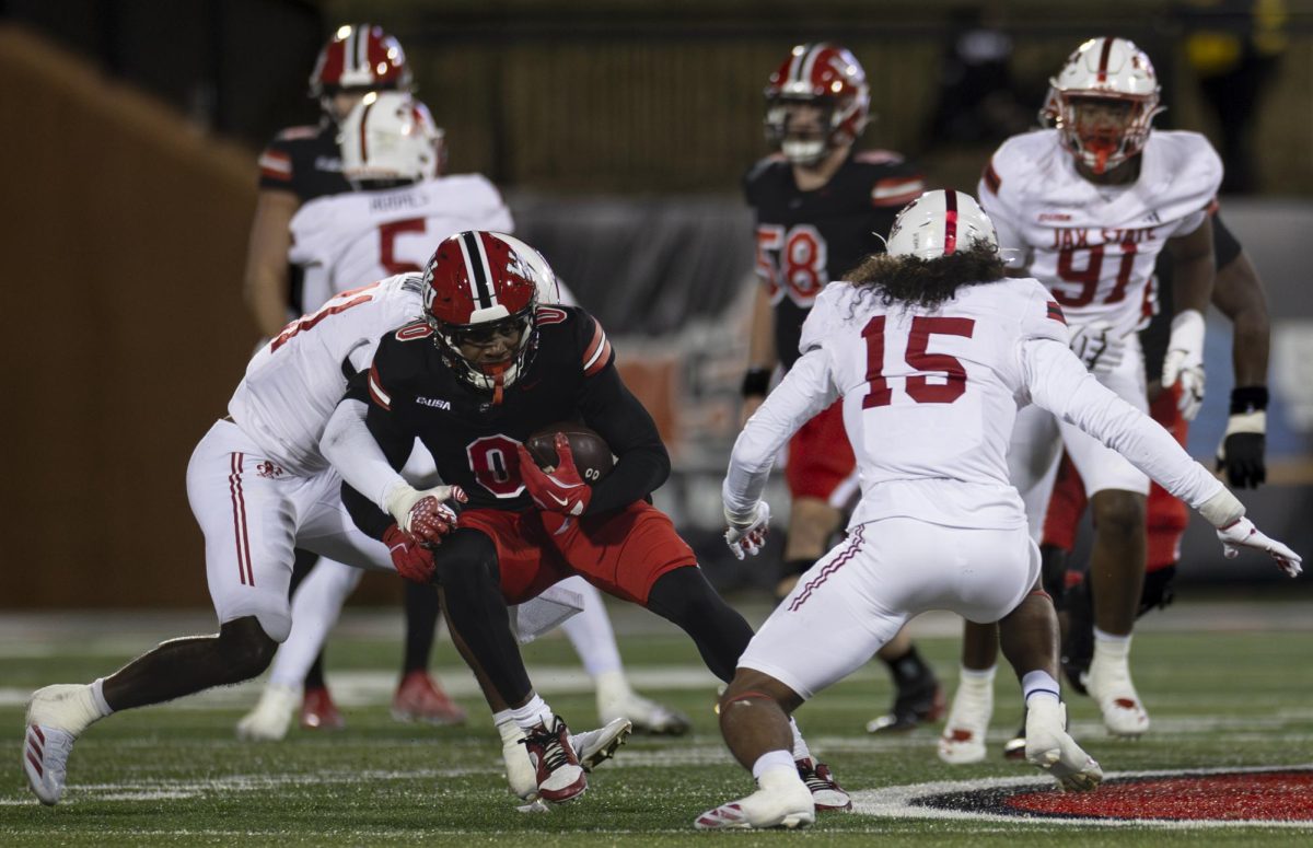 Western Kentucky wide receiver Kisean Johnson (0) gains yards during WKU’s game against Jacksonville State in L.T. Smith Stadium in on Saturday Nov. 30, 2024. WKU won 19-17.