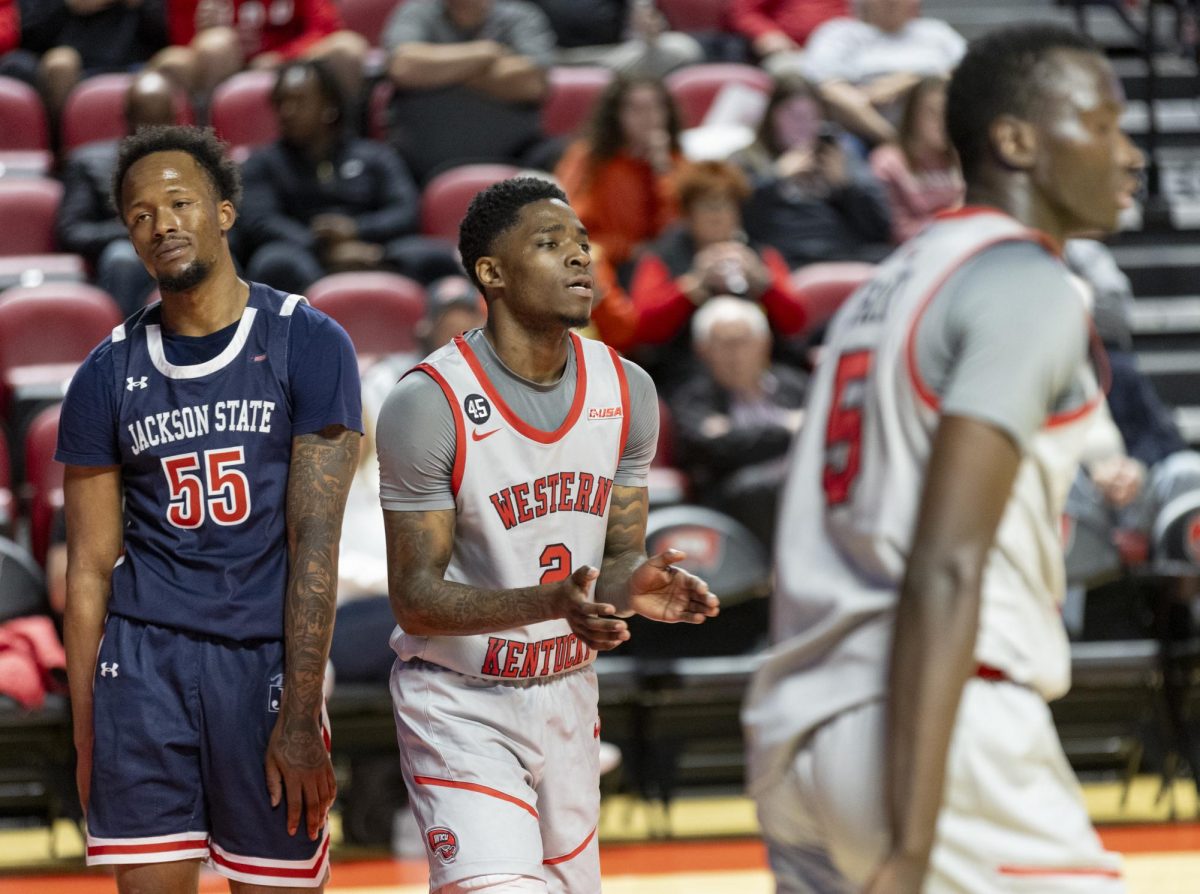 Guard Don McHenry (2) celebrates a Hilltopper ball possession during the match against Jackson State University at E.A. Diddle Arena on Nov. 20, 2024. The Hilltoppers won 79-62.