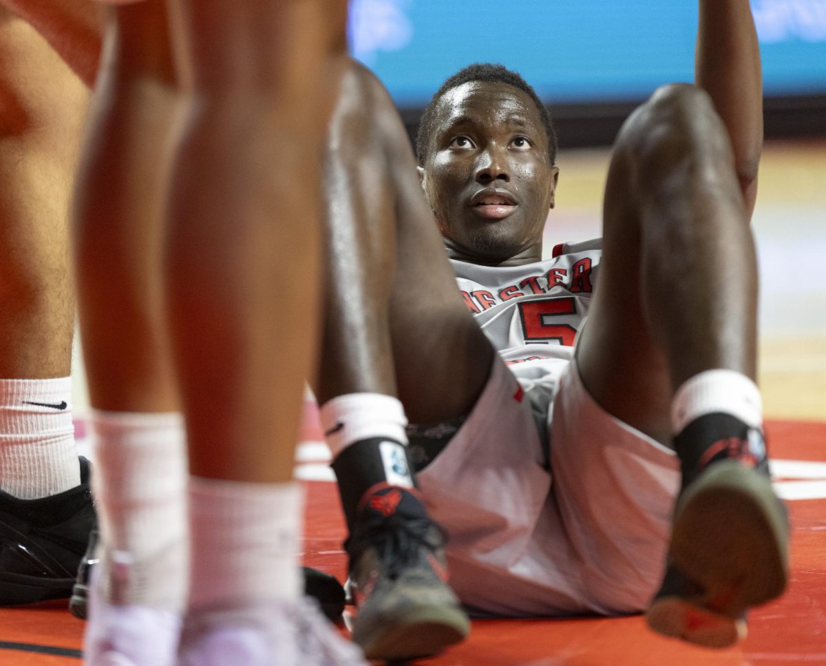 Forward Babacar Faye (5) gets picked up by his teammates during the match against Jackson State University at E.A. Diddle Arena on Nov. 20, 2024.