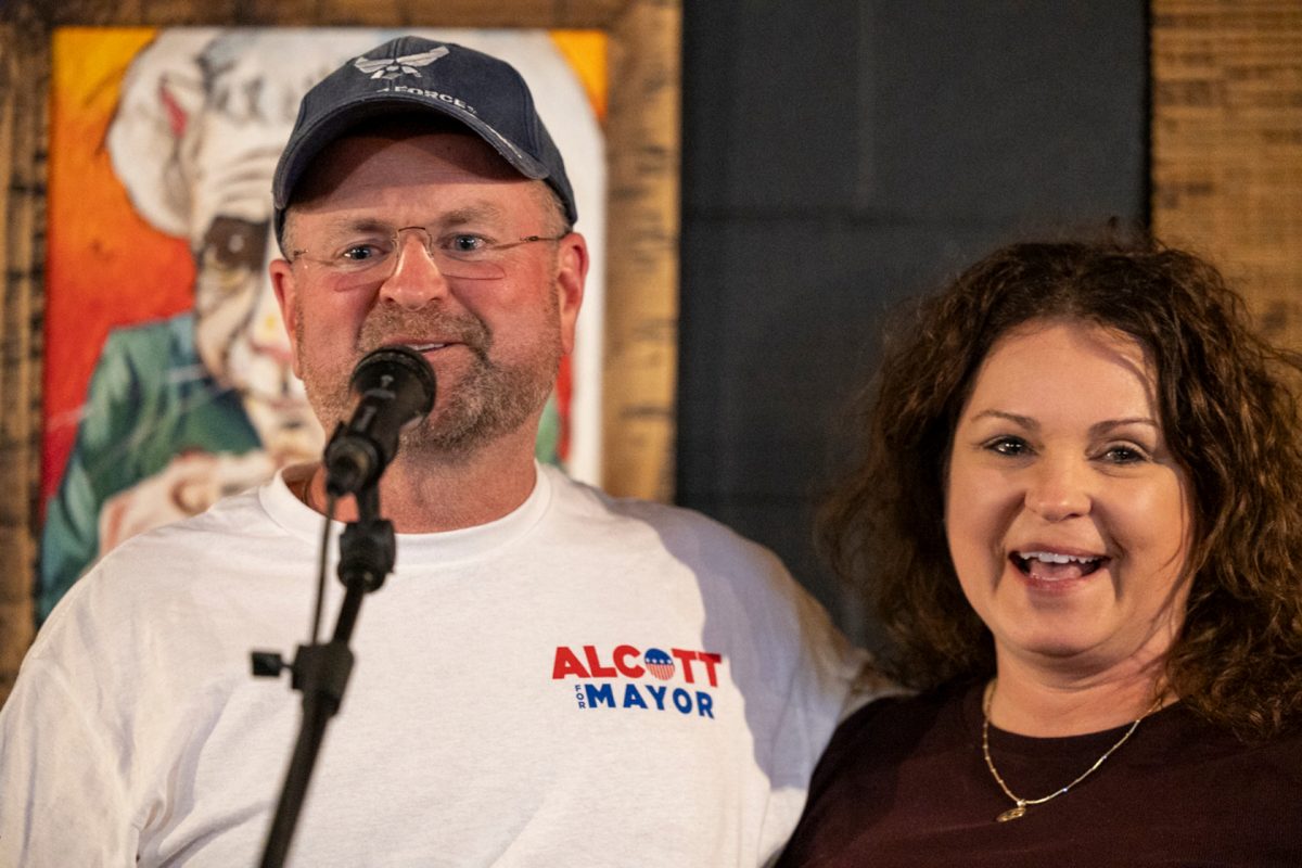 Mayor of Bowling Green Todd Alcott delivers his victory speech with his wife Deb Alcott during his 2024 Election watch party at the White Squirrel Brewery in Bowling Green on Tuesday, Nov. 5, 2024.