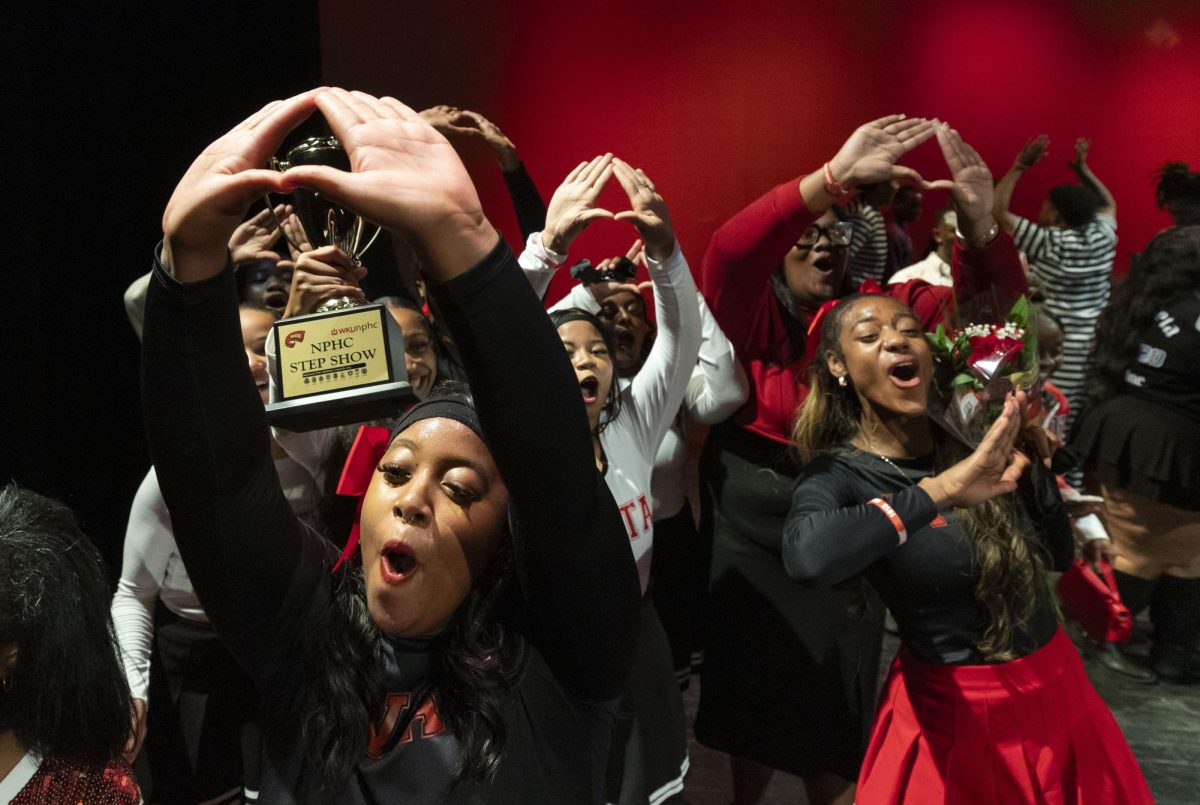 Members of The Eta Zeta Chapter of Delta Sigma Theta Sorority, Inc., celebrate after winning first place for the 2024 Homecoming Step Show Performance on Saturday Nov. 16, 2024. 