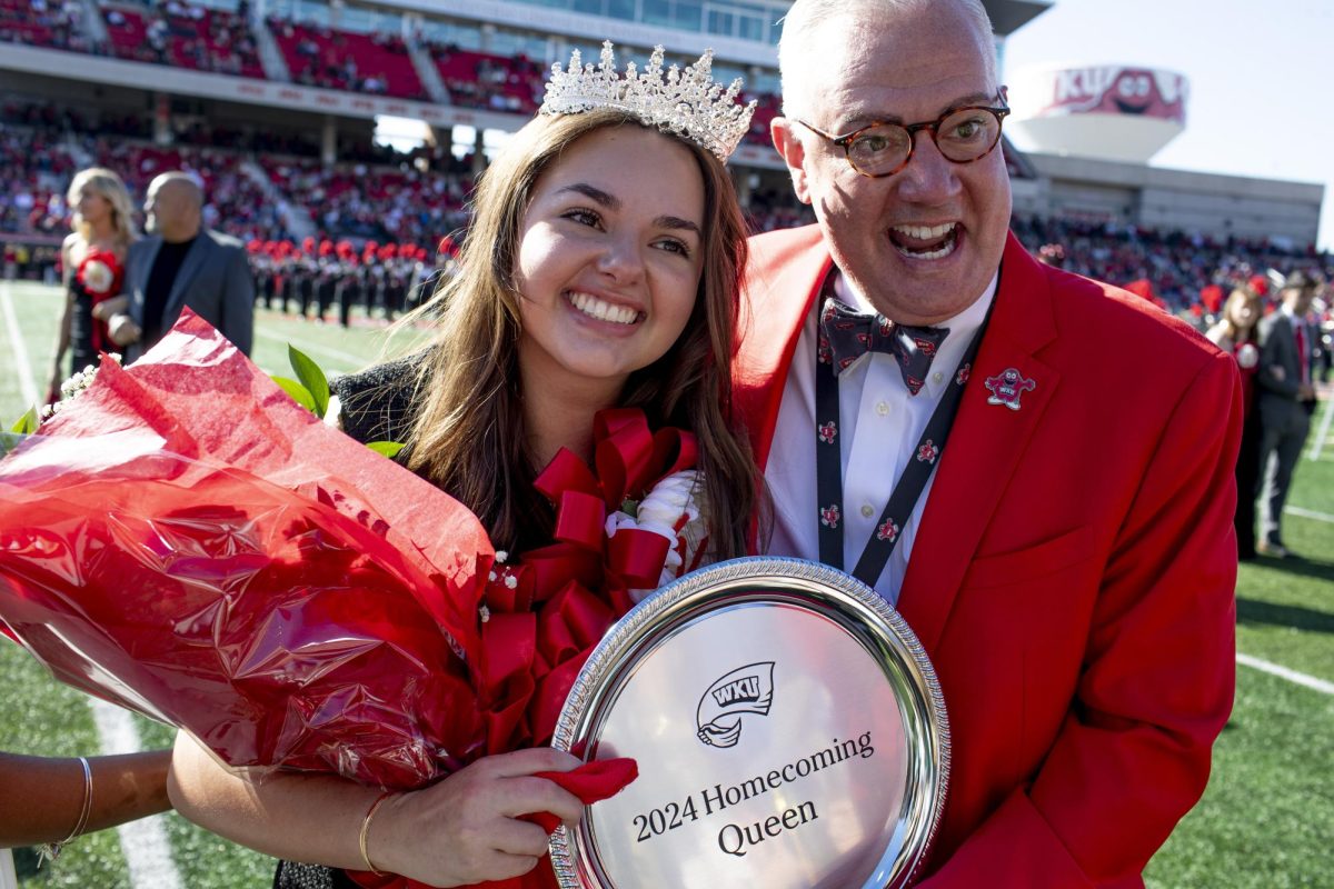 Sarah Vincent is crowned 2024 homecoming queen during WKU’s halftime against Louisiana Tech in L.T. Smith Stadium on Saturday, Nov. 16, 2024. Vincent is a Spirit Master and member of the Kappa Delta sorority, who sponsored her run for queen. 