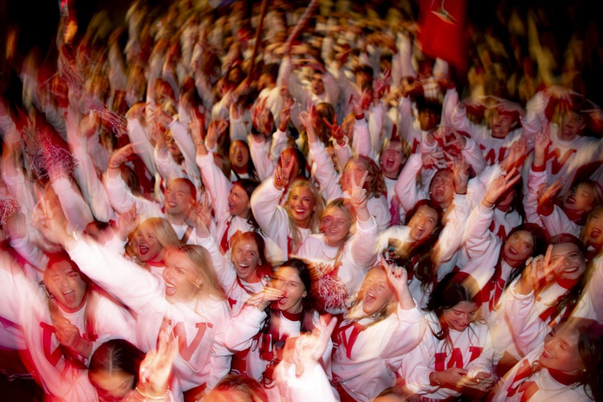 Alpha Delta Pi sorority members cheer after dominating this years homecoming festivities during WKU’s Big Red Roar after the Roaring Red Homecoming Parade on Friday, Nov. 15, 2024. 