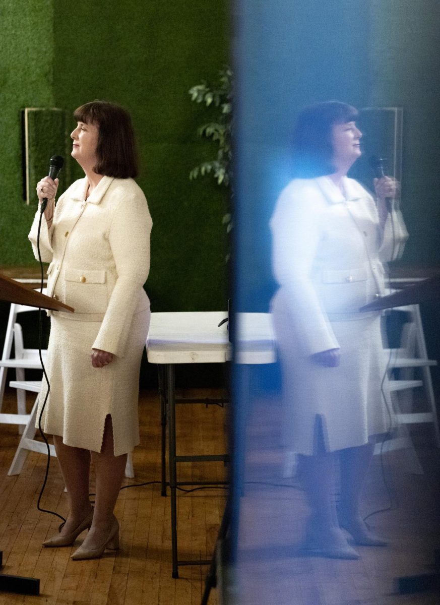 Mayoral challenger Patti Minter (D) delivers her secession speech to disappointed supporters after Todd Alcott’s win during Patti Minter’s election watch party in the One Roof Event Center on E. Main St. on Tuesday, Nov. 5, 2024.