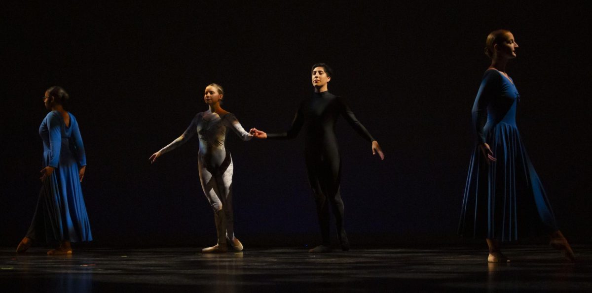 From left: Amaya Muse-Hold, Madelyn Groth, McCaleb Hanks and Sydney Railsback perform during the 2024 WinterDance rehearsal at Van Meter Hall on Nov. 13, 2024. 