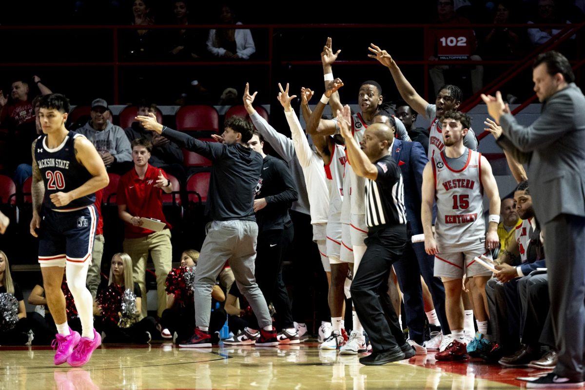 Western’s bench celebrates a 3 pointer near the end of the second half during WKU’s game against the Jackson State Tigers on Wednesday, Nov. 20, 2024 in E.A. Diddle Arena. 