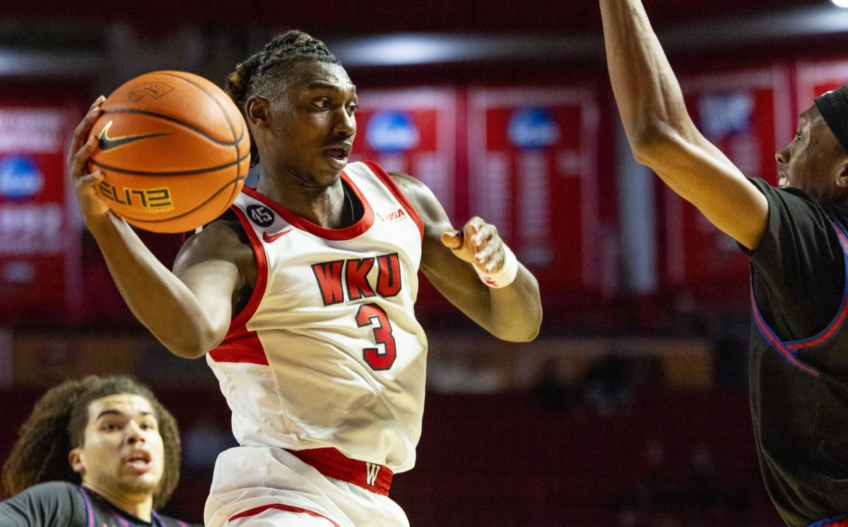 WKU guard Jalen Jackson (3) passes the ball during the Hilltopper's game against Tennessee State University in Bowling Green, Ky. on Tuesday, Dec. 10, 2024.