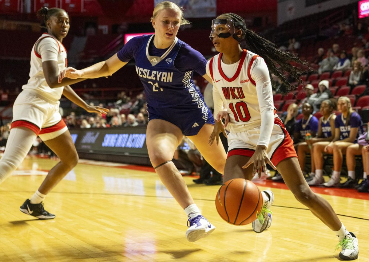 WKU guard Acacia Hayes (10) drives the ball to the basket during the Lady Topper's game against the Kentucky Wesleyan Panthers in Bowling Green, Ky. on Wednesday, Dec. 11, 2024. 