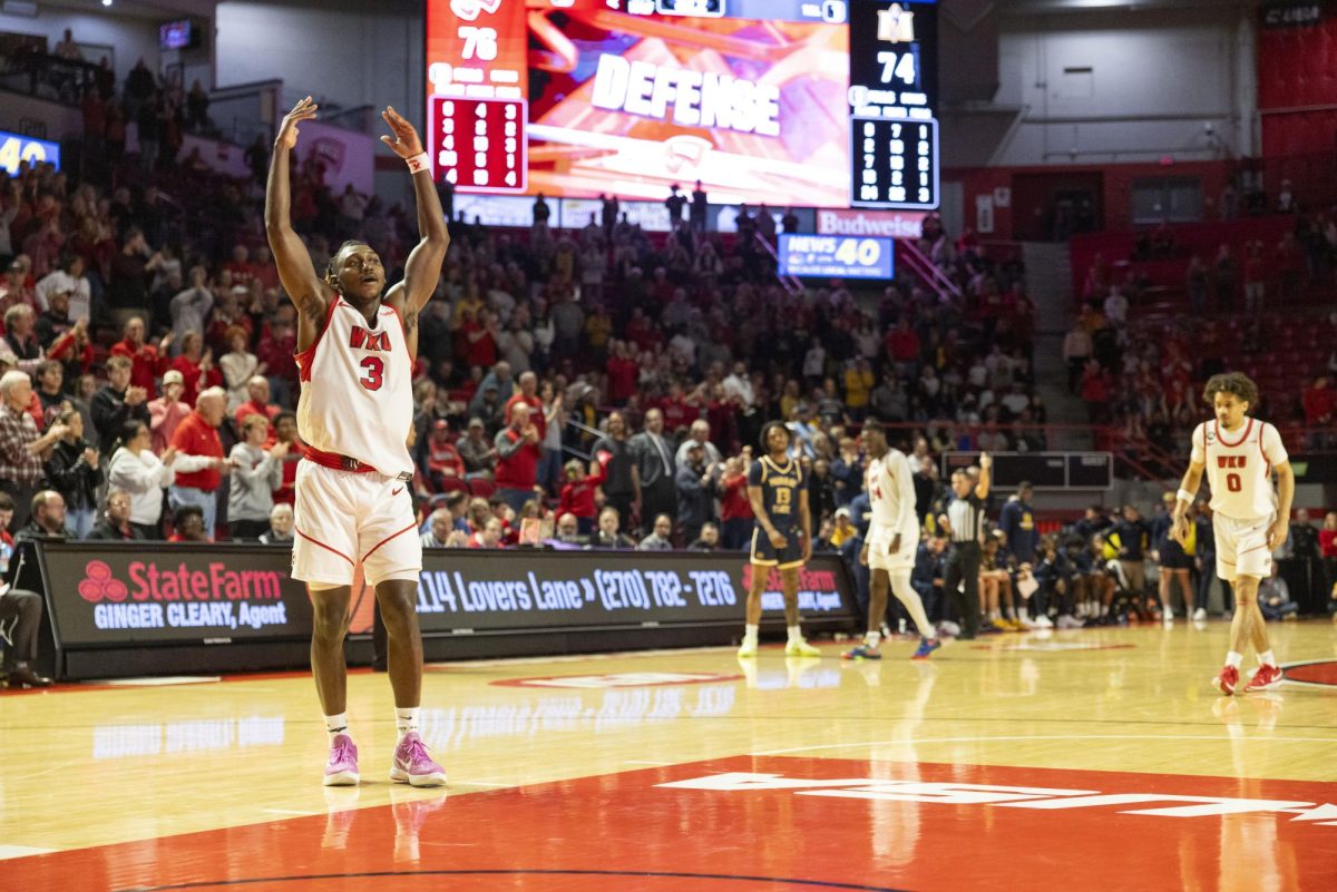 WKU guard Jalen Jackson (3) hypes up the crowd during the Hilltopper's game against the Murray State Racers in Bowling Green, Ky. on Saturday, Dec. 14, 2024.