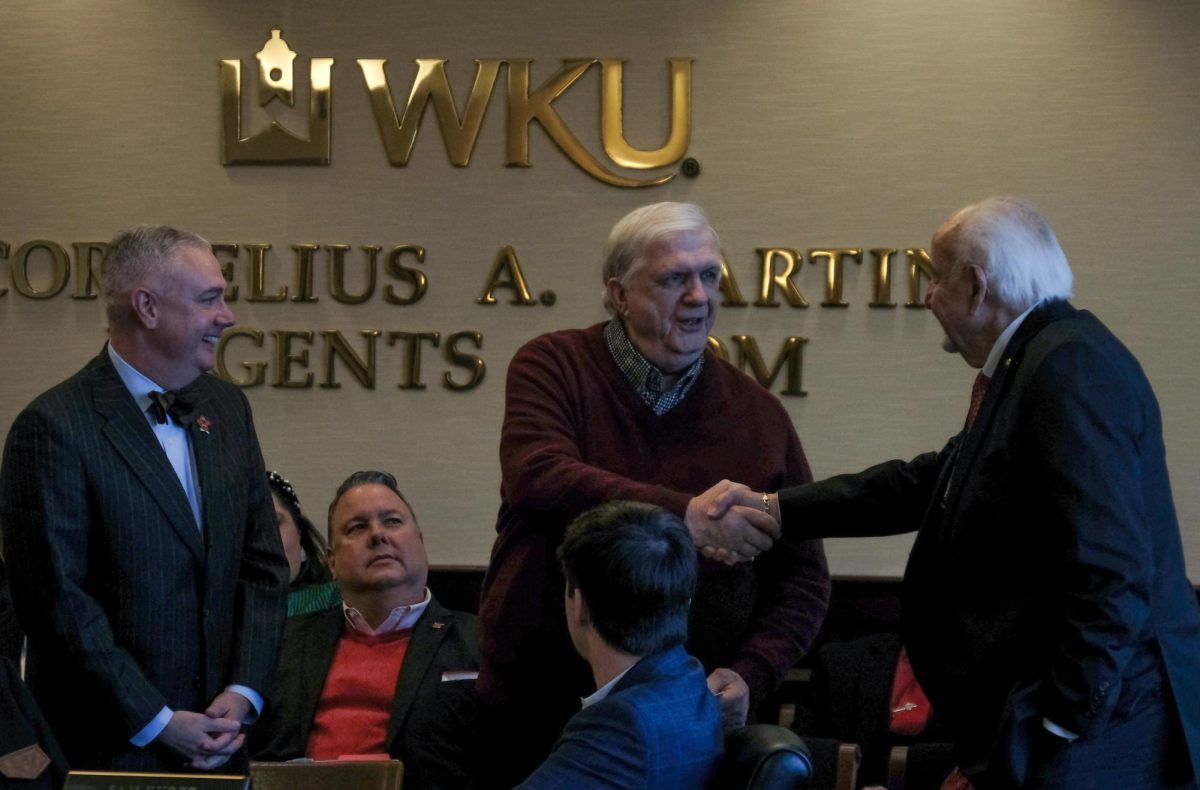 Joe Bill Campbell (middle) presented WKU with a $2 million check on Thursday from the Robert and Mary Tincher Foundation to be used for two endowed scholarships. Campbell was joined by WKU President Timothy Caboni (left) and Board of Regents Chair Currie Milliken (right).