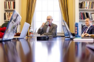 WKU President Timothy Caboni listens to a question posed to him during the Herald's semesterly meeting on Thursday, Jan. 16, 2025. 