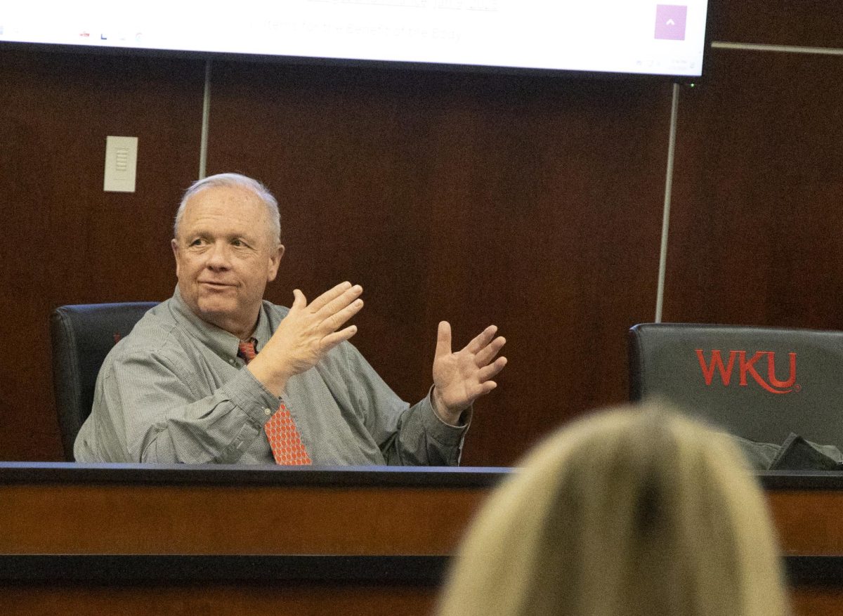 Provost Bud Fischer speaks to faculty about PhD programs during the Faculty Senate meeting on Thursday, Jan. 23, 2025 in the Downing Student Union Senate Chambers. 