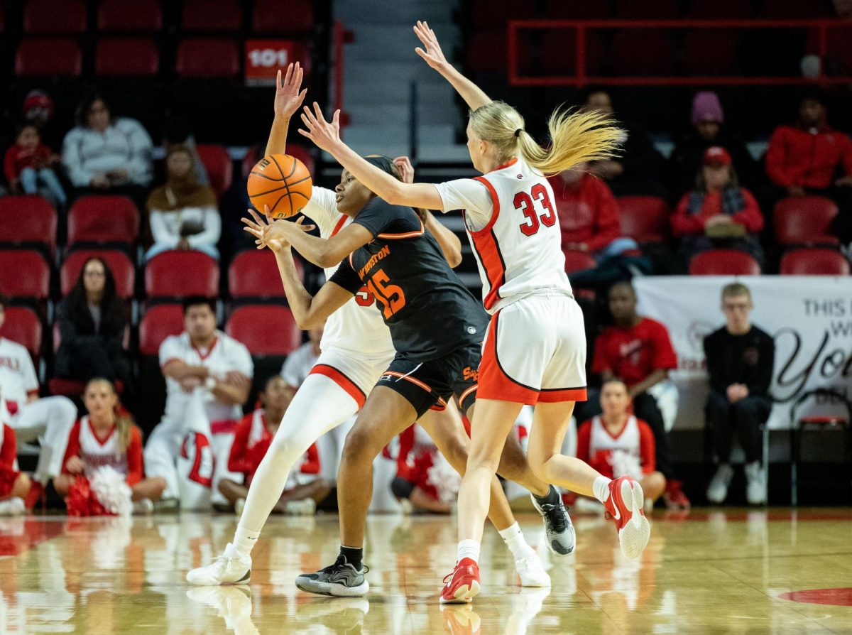 Sam Houston State University forward Nyla Inmon fumbles with the ball during a game against Western Kentucky University in Diddle Arena on Saturday, Jan. 25, 2025. 