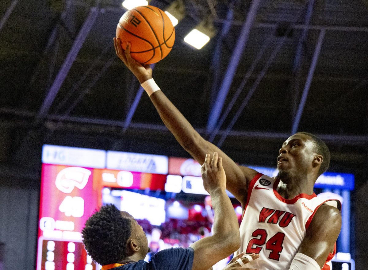 Western Kentucky Hilltoppers forward Tyrone Marshall Jr. (24) makes a layup during the Hilltoppers game against the UTEP Miners in Bowling Green, Ky. on Thursday, Jan. 30, 2025. 