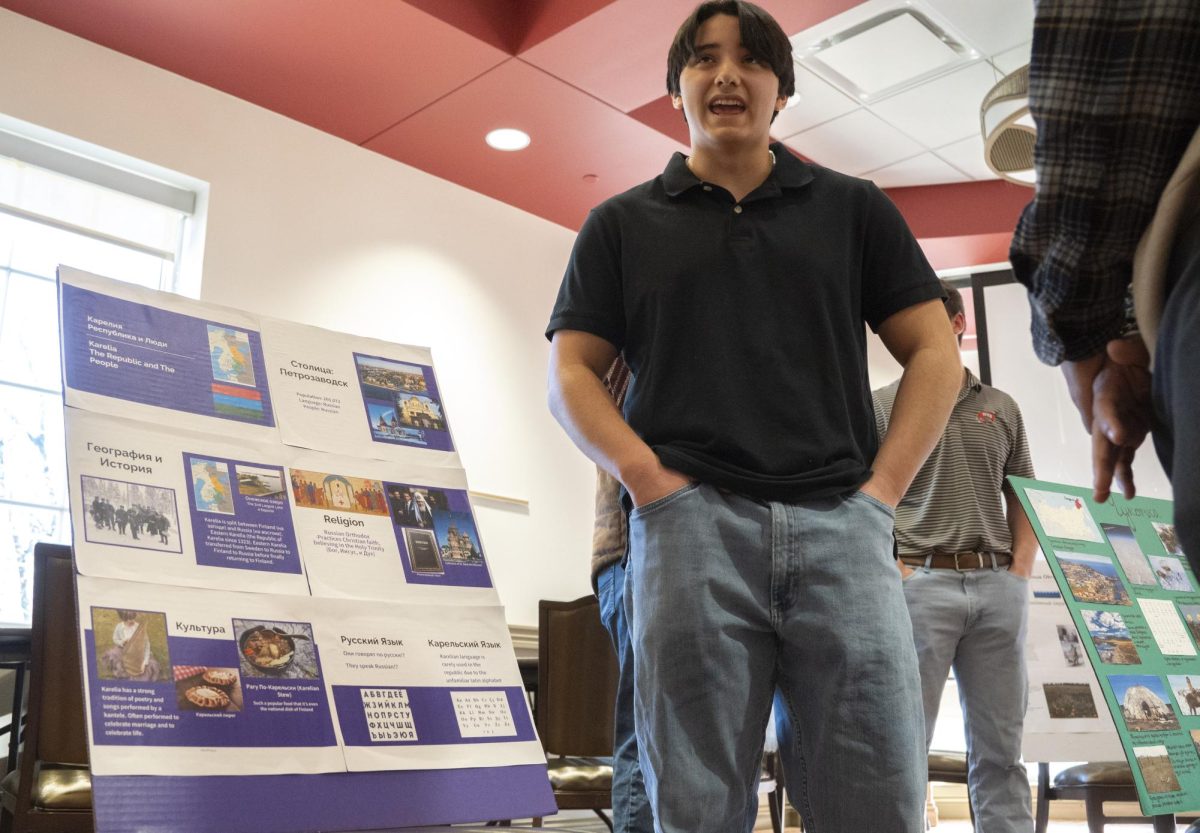 Gatton Academy student Jake Cano informs visitors about the Russian region of Karelia on Jan. 29, 2025 for his Russian class. When asked if he wants to learn more languages than Russian he said, “I’m learning Spanish after this but I’m taking the opportunities as they’re presented right now. I’ll definitely keep learning Russian after this.”