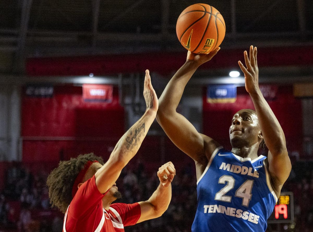 Blue Raider guard Camryn Weston (24) shoots the ball during the Hilltoppers game against the Middle Tennessee State University Blue Raiders in Bowling Green, Ky. on Saturday, Feb. 15, 2025. 