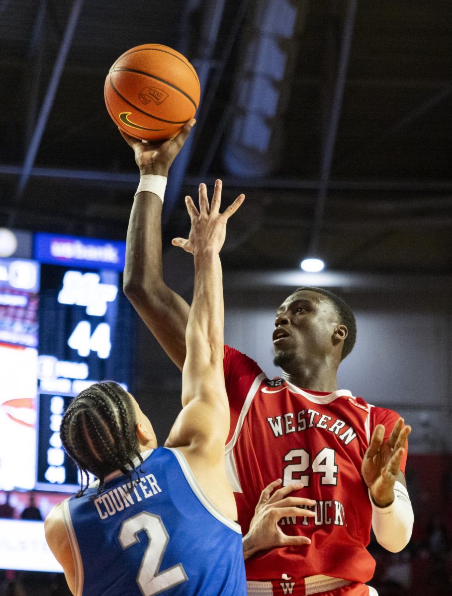 Western Kentucky Hilltoppers forward Tyrone Marshall Jr. (24) attempts a layup during the Hilltoppers game against the Middle Tennessee State University Blue Raiders in Bowling Green, Ky. on Saturday, Feb. 15, 2025. 