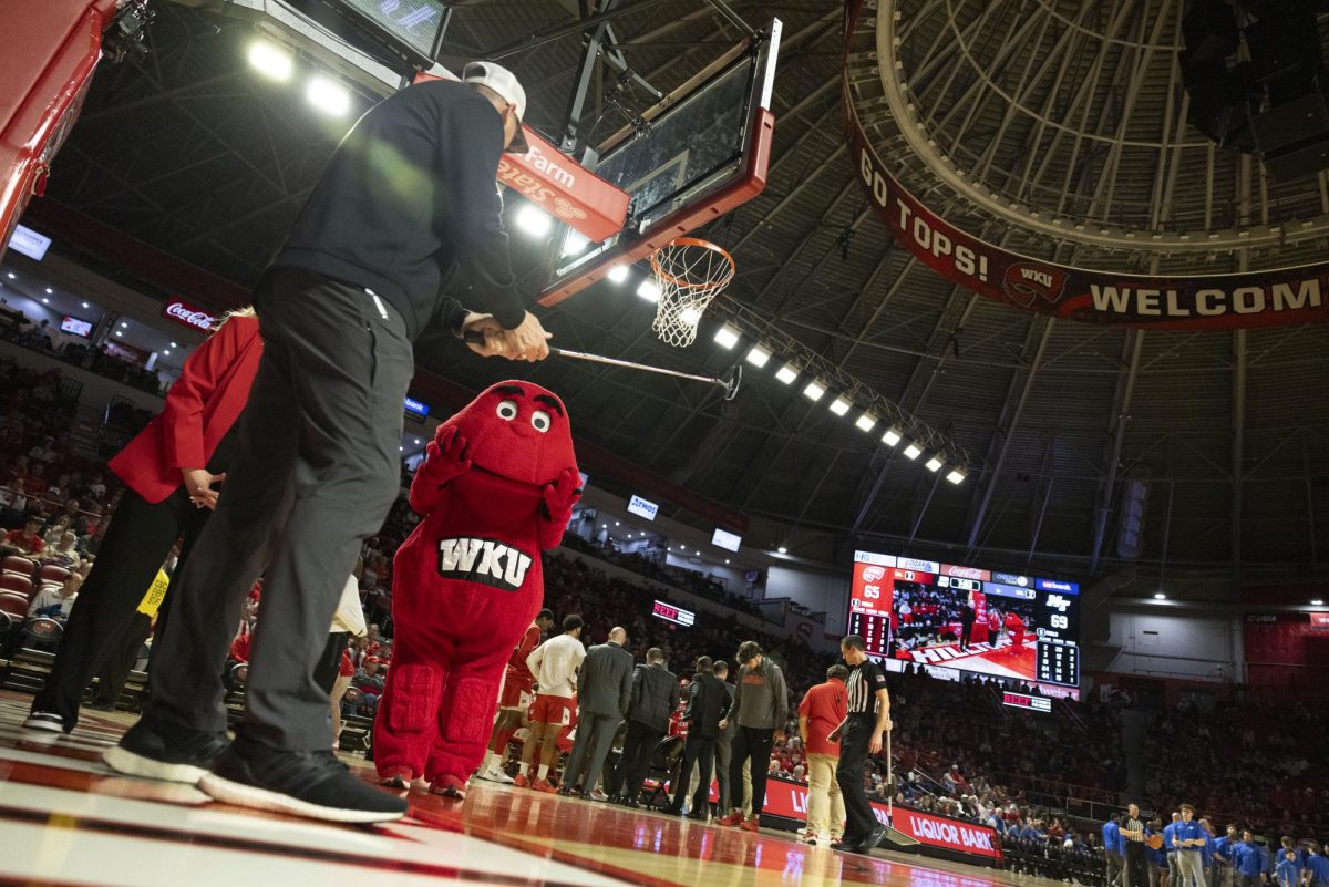 WKU mascot Big Red watches in anticipation as a fan attempts the "putt for Pappy" during the Hilltoppers game against the Middle Tennessee State University Blue Raiders in Bowling Green, Ky. on Saturday, Feb. 15, 2025. 