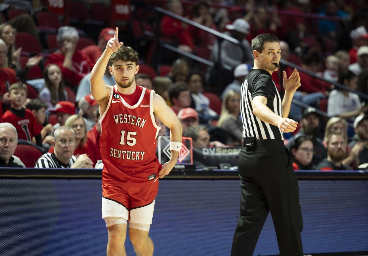Western Kentucky Hilltoppers guard Jack Edelen (15) subs in during the Hilltoppers game against the Middle Tennessee State University Blue Raiders in Bowling Green, Ky. on Saturday, Feb. 15, 2025. This is Edelen's first game back after his DUI. 