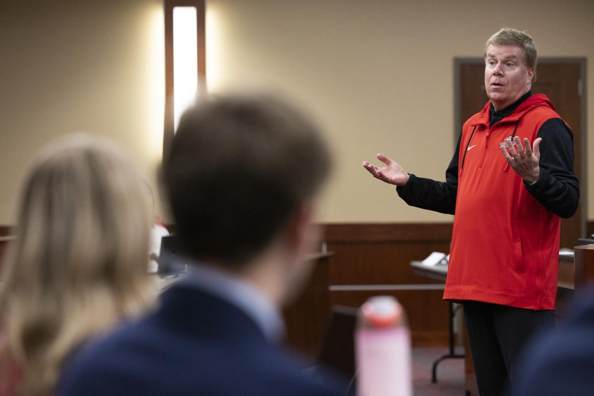 WKU Athletic Director Todd Stewart addresses the student senate during the Student Government Association’s weekly meeting in the senate chambers on Tuesday, Feb. 18, 2025.