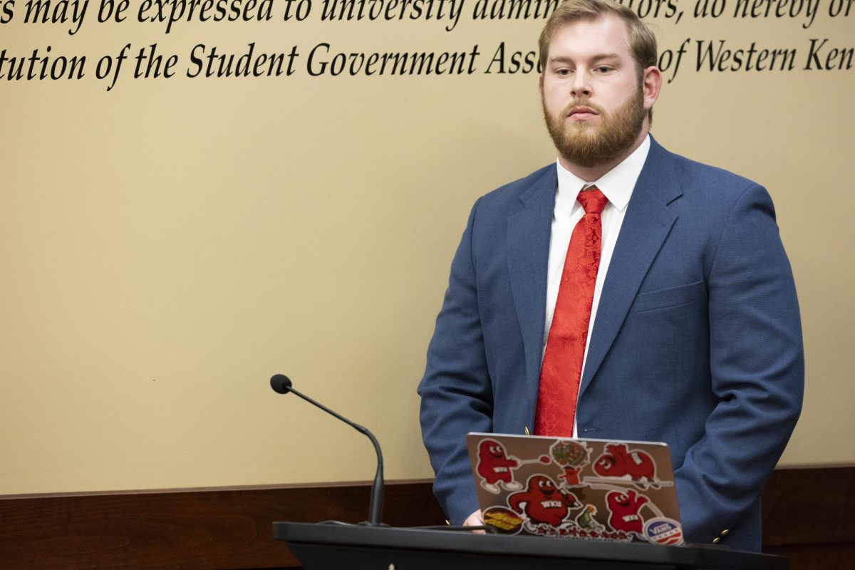 Senator Kaison barton speaks on bill 1-25-f during the Student Government Association’s weekly meeting in the senate chambers on Tuesday, Feb. 18, 2025. The bill aims to create a memorial scholarship in honor of the late Director of Track and Field, Steven ‘Brent’ Chumbley. 
