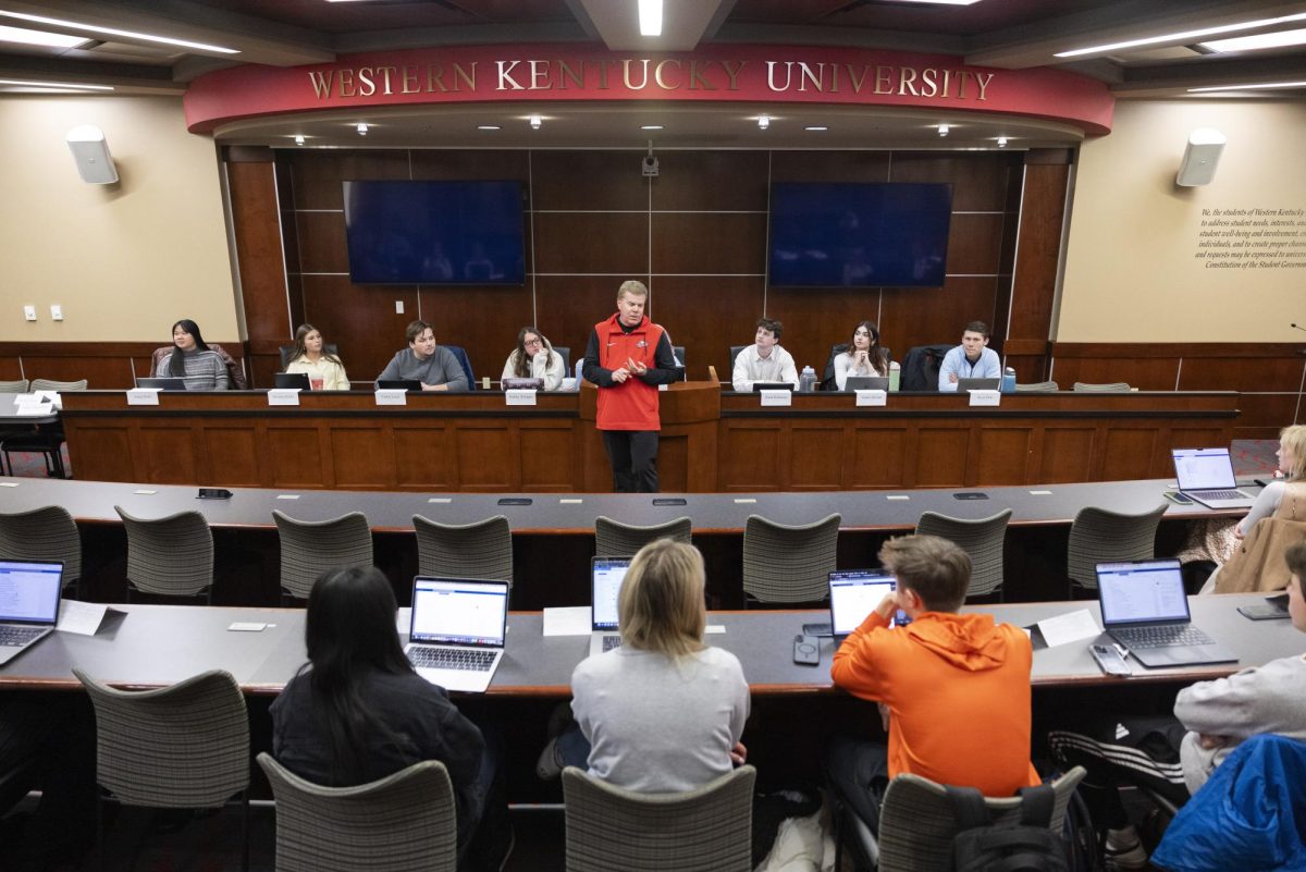 WKU Athletic Director Todd Stewart addresses the student senate during the Student Government Association’s weekly meeting in the senate chambers on Tuesday, Feb. 18, 2025.