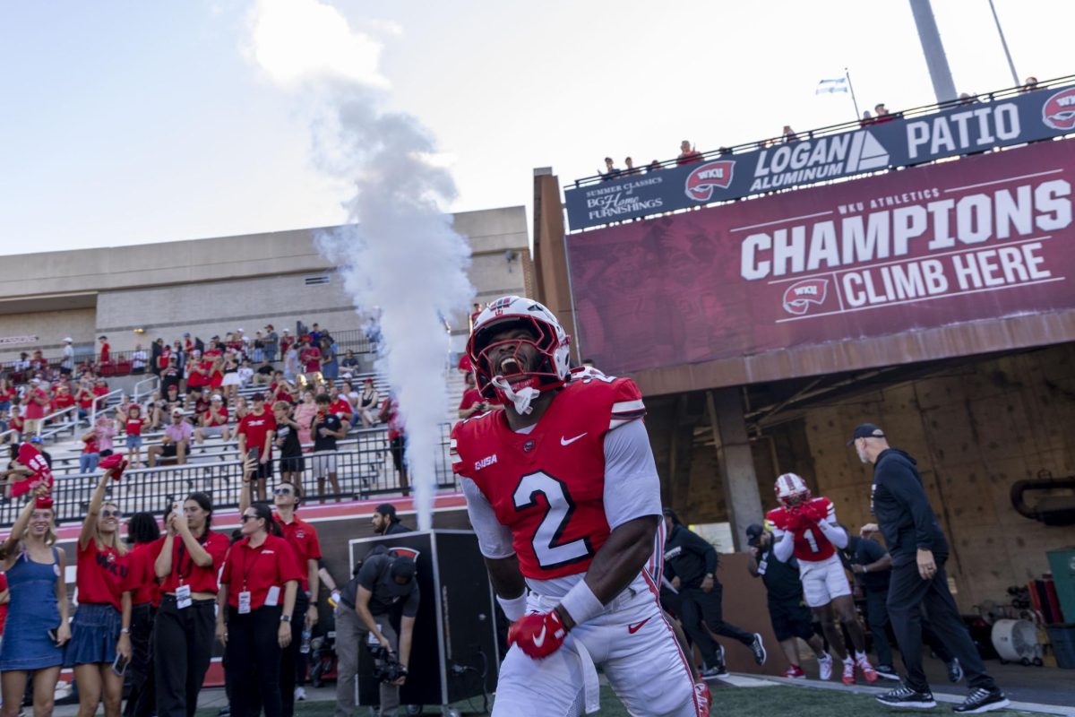 WKU wide receiver K.D. Hutchinson celebrates before WKU’s home opener against Sam Houston in Houchens-Smith Stadium on Saturday, Aug. 23, 2025.